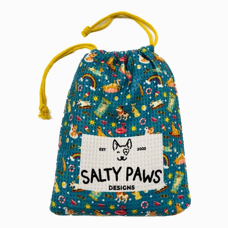 Salty Paws Summer Days Adventure Dog Towel in teal packed in matching teal drawstring carry bag with yellow rope
