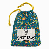 Salty Paws Summer Days Adventure Dog Towel in teal packed in matching teal drawstring carry bag with yellow rope