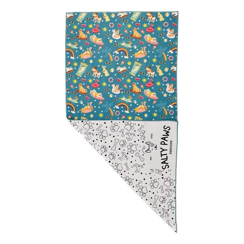 Salty Paws Summer Days Adventure Dog Towel in teal folded showing colourful front print and white paw print reverse