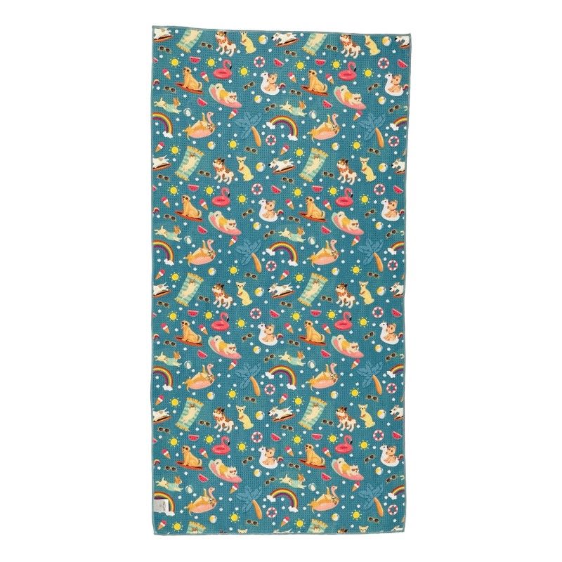 Salty Paws Summer Days Adventure Dog Towel in teal laid flat showing full colourful summer print