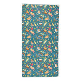 Salty Paws Summer Days Adventure Dog Towel in teal laid flat showing full colourful summer print