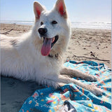 White fluffy dog lying on Salty Paws Summer Days Adventure Dog Towel in teal on sandy beach