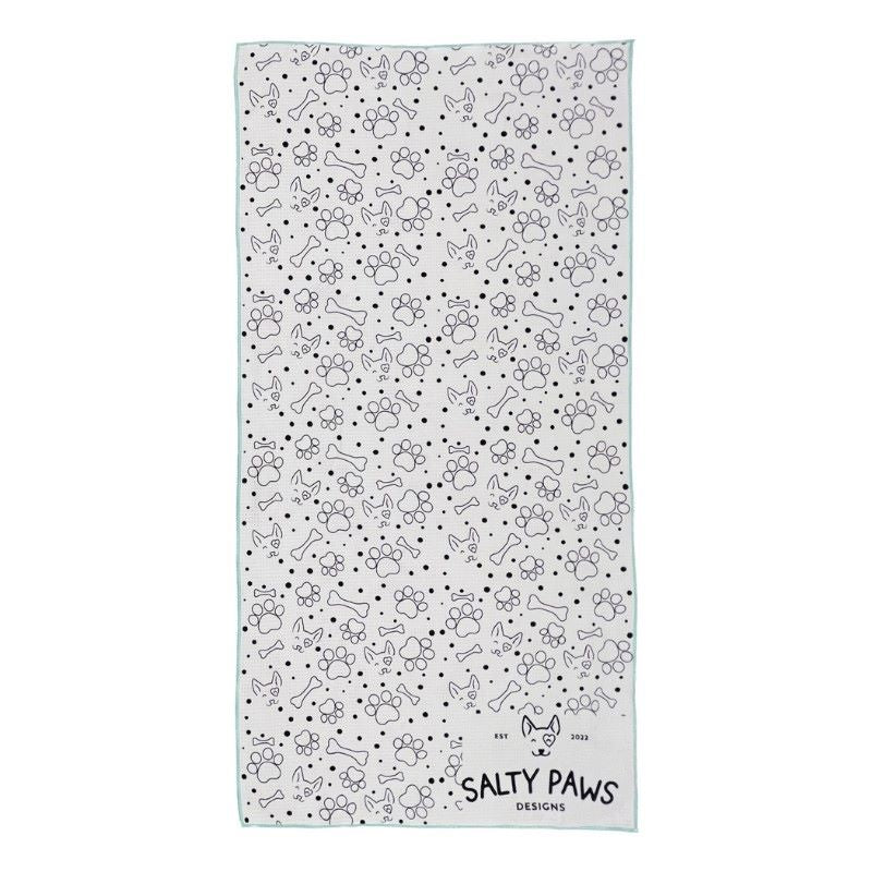 Reverse side of Salty Paws Surf's Up Adventure Dog Towel in mint showing white paw print and bone pattern