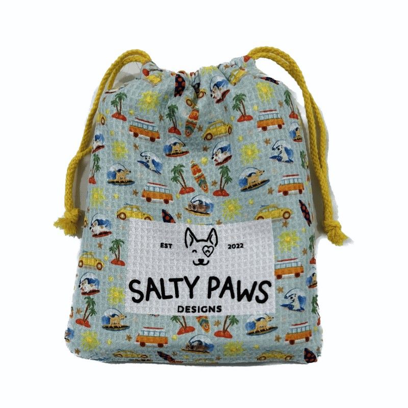 Salty Paws Surf's Up Adventure Dog Towel in mint packed in matching mint drawstring carry bag with yellow rope