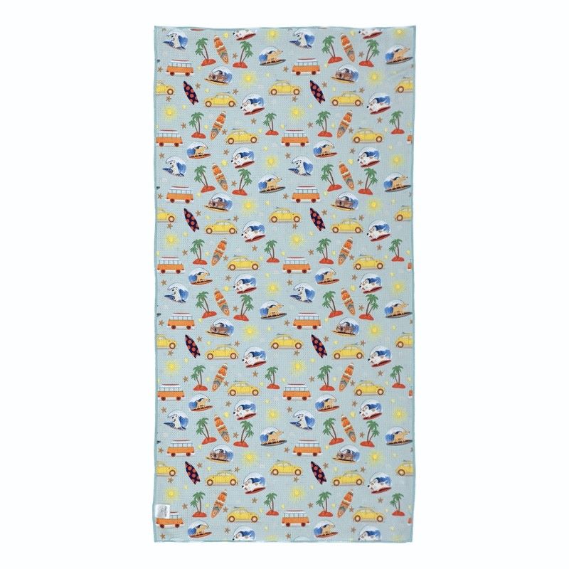 Salty Paws Surf's Up Adventure Dog Towel in mint laid flat showing full surf and beach print