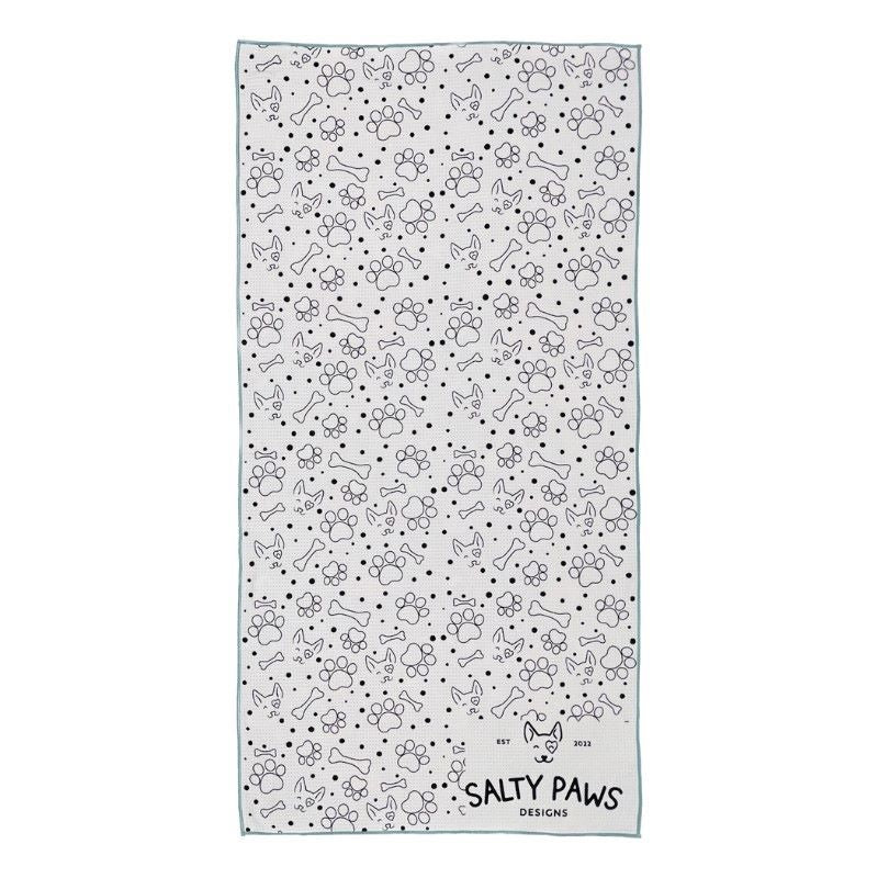 Reverse side of Salty Paws Surf's Up Adventure Dog Towel in teal showing white paw print and bone pattern