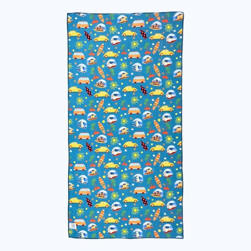 Salty Paws Surf's Up Adventure Dog Towel quick dry in teal laid flat showing full surf and beach print