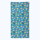 Salty Paws Surf's Up Adventure Dog Towel quick dry in teal laid flat showing full surf and beach print