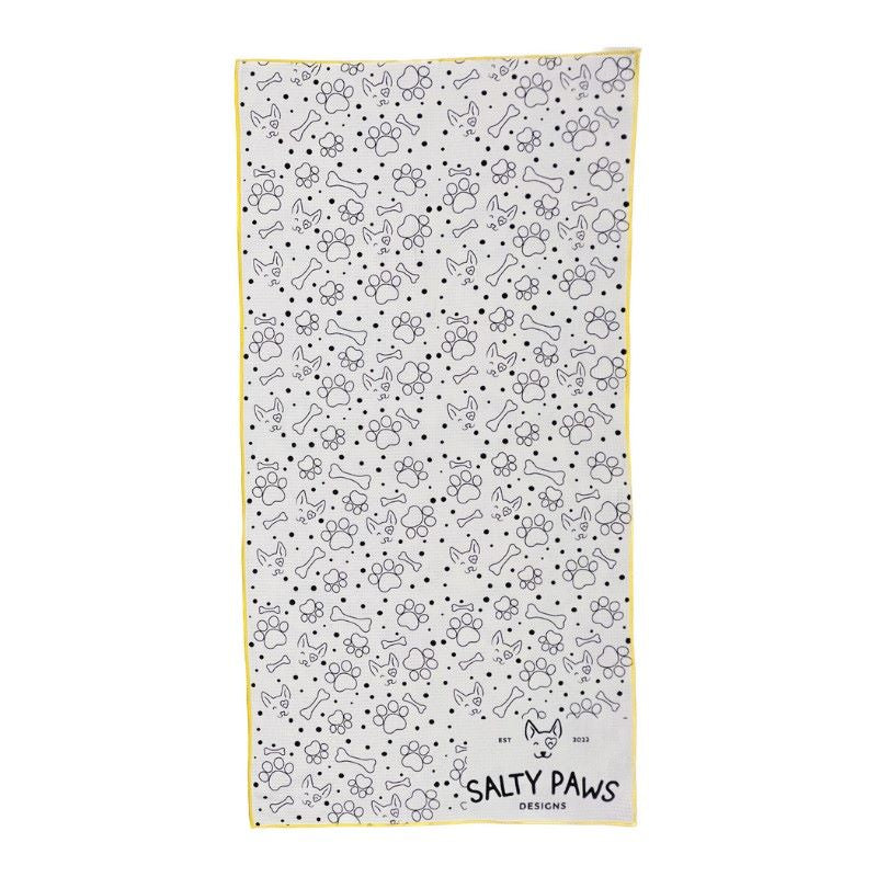 Reverse side of Salty Paws Surf's Up Adventure Dog Towel in yellow showing white paw print and bone pattern