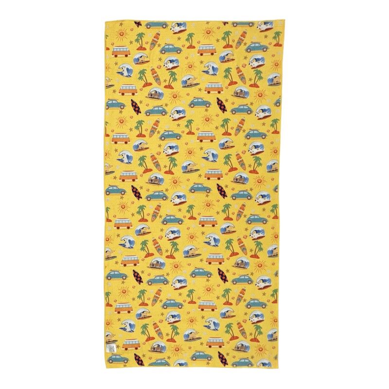 Salty Paws Surf's Up Adventure Dog Towel in yellow laid flat showing full surf and beach print