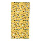Salty Paws Surf's Up Adventure Dog Towel in yellow laid flat showing full surf and beach print