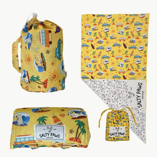 Salty Paws Designs Surf's Up Beach Day Bundle showing yellow Surf's Up settle mat and adventure towel set with Salty Paws drawstring bag