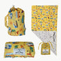 Salty Paws Designs Surf's Up Beach Day Bundle showing yellow Surf's Up settle mat and adventure towel set with Salty Paws drawstring bag