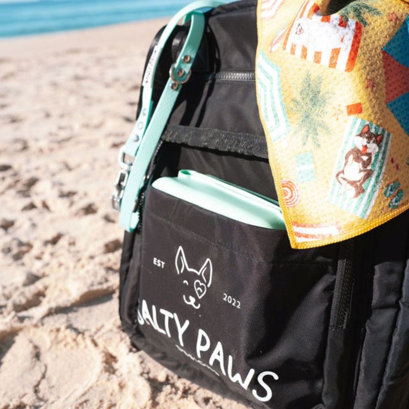 Salty Paws Ultimate Adventure Grab Bag open at the beach showing large main compartment