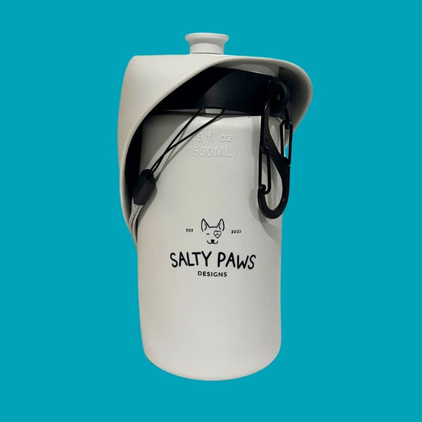 Salty Paws water bottle attachment on 550ml bottle with carabiner clip, dog walk accessory