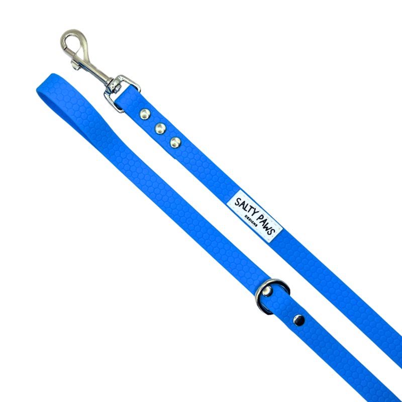 Salty Paws waterproof dog lead in sky blue with silver snap hook, diagonal flat lay