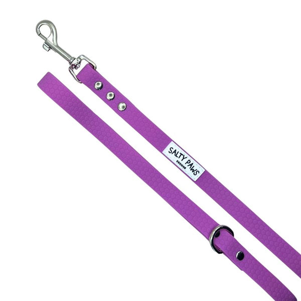Salty Paws waterproof dog lead in lilac with silver snap hook, diagonal flat lay