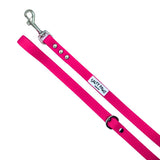 Salty Paws waterproof dog lead in hot pink with silver snap hook, diagonal flat lay