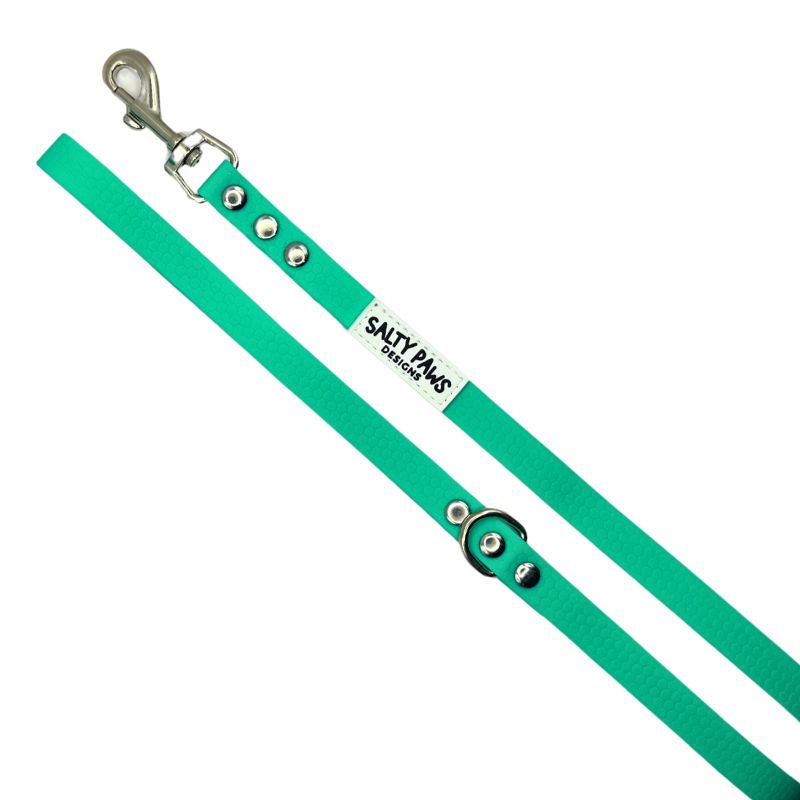 Salty Paws waterproof dog lead in seafoam green with silver snap hook, diagonal flat lay