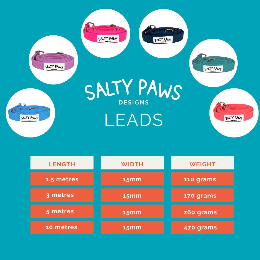 Salty Paws waterproof dog lead size chart showing lengths 1.5m to 10m, width 15mm and weight