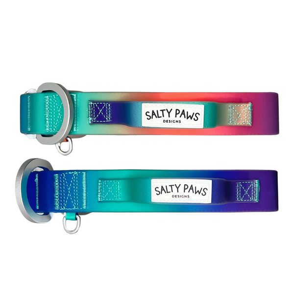 Salty Paws waterproof gradient tactical dog collar in blue purple green and orange purple green variations