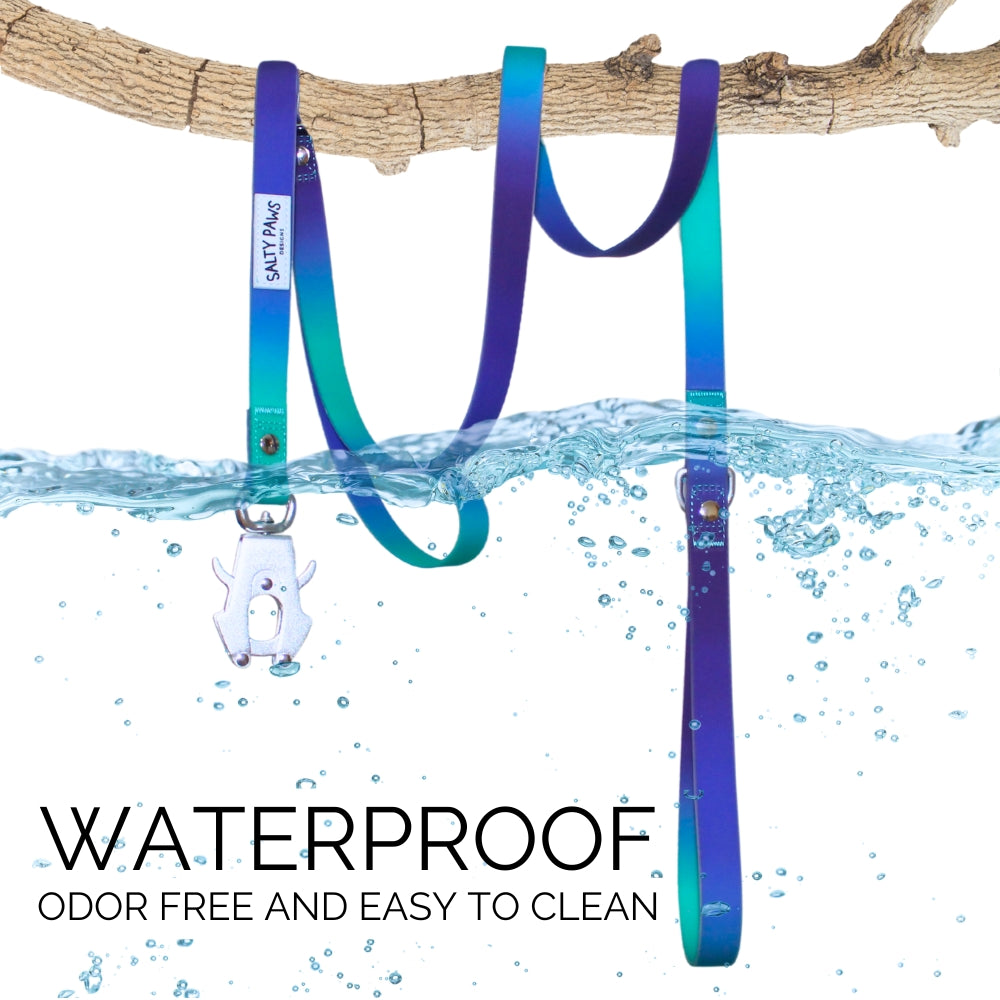 Salty Paws waterproof quick release dog lead in blue purple green gradient shown with water splash, waterproof, odor free and easy to clean