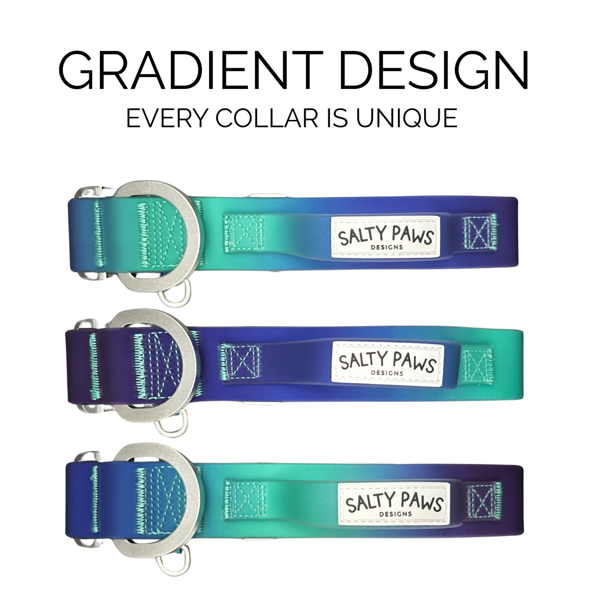 Salty Paws waterproof tactical dog collar gradient design showing three blue purple green colour variations, every collar is unique