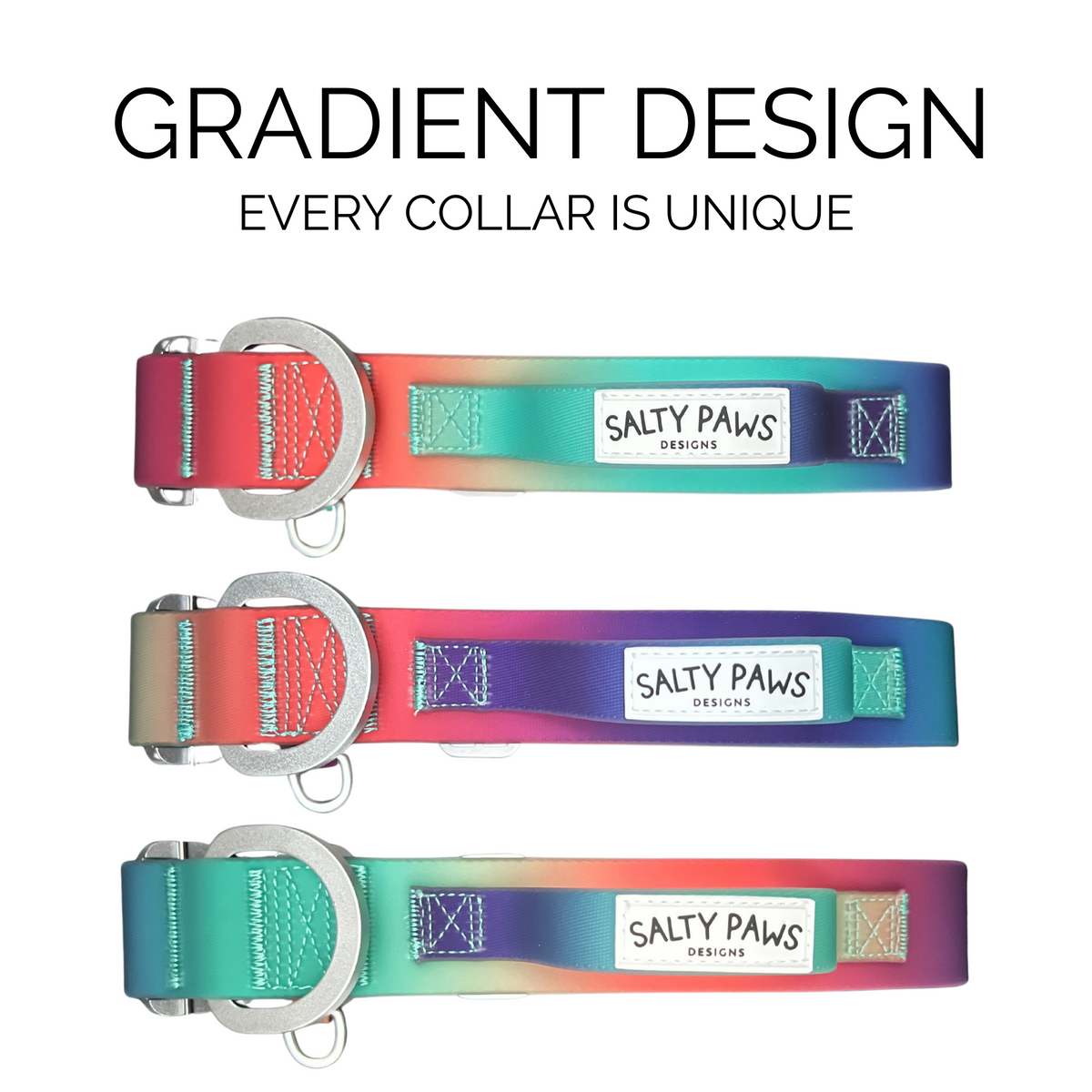 Salty Paws waterproof tactical dog collars in three orange purple green gradient colour variations with every collar is unique text overlay