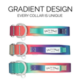 Salty Paws waterproof tactical dog collars in three orange purple green gradient colour variations with every collar is unique text overlay