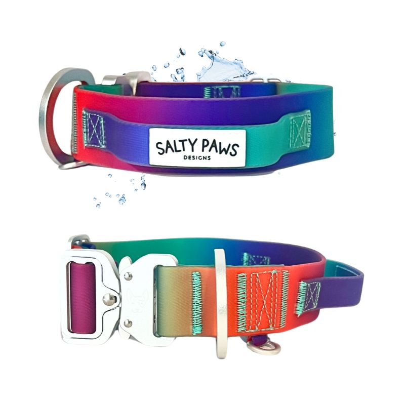 Salty Paws waterproof tactical dog collar in orange purple green gradient with water splash and aviation grade aluminium buckle detail