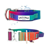 Salty Paws waterproof tactical dog collar in orange purple green gradient with water splash and aviation grade aluminium buckle detail