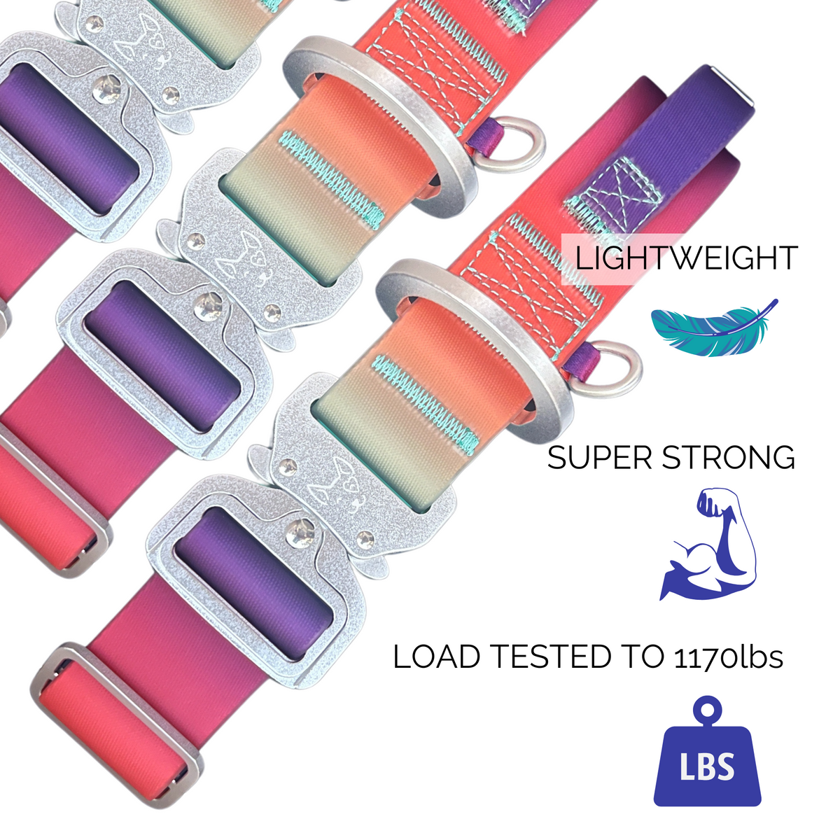 Salty Paws waterproof tactical dog collar in orange purple green gradient, lightweight and super strong, load tested to 1170lbs