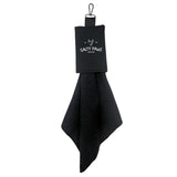 Salty Paws Slobber Towel in black hanging from a carabiner clip, waffle-knit fabric, compact dog towel