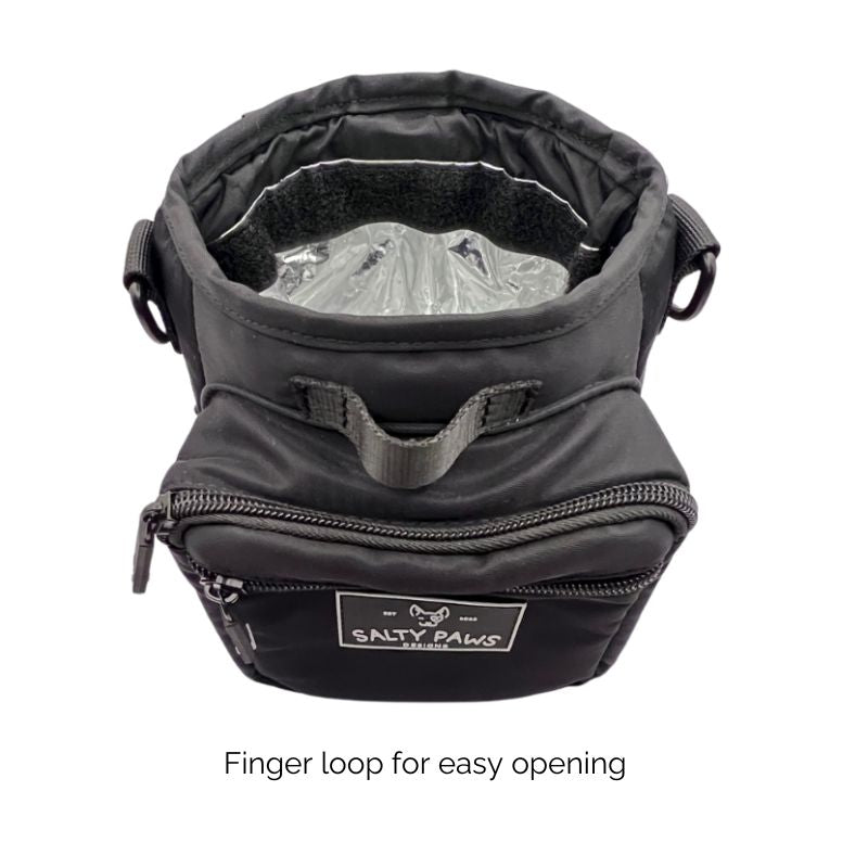SnapLock Pro Training Pouch side view showing external poop bag pocket and dispenser