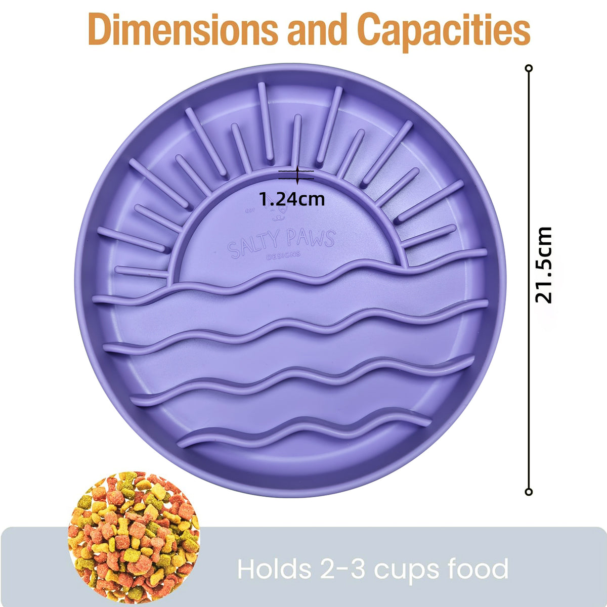 Sunset Slow Feeder dimensions showing 21.5cm diameter and capacity of 2 to 3 cups of food