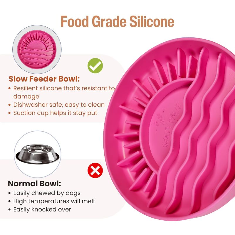 Sunset Slow Feeder in pink showing food grade silicone features including dishwasher safe and suction base