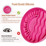 Sunset Slow Feeder in pink showing food grade silicone features including dishwasher safe and suction base