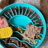 Sunset Slow Feeder in green filled with dog food and enrichment treats