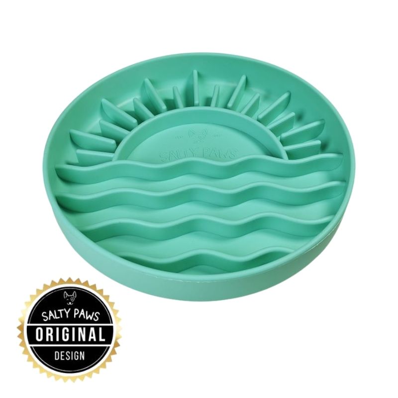 Salty Paws Sunset Slow Feeder in green original design with sun and ocean wave pattern